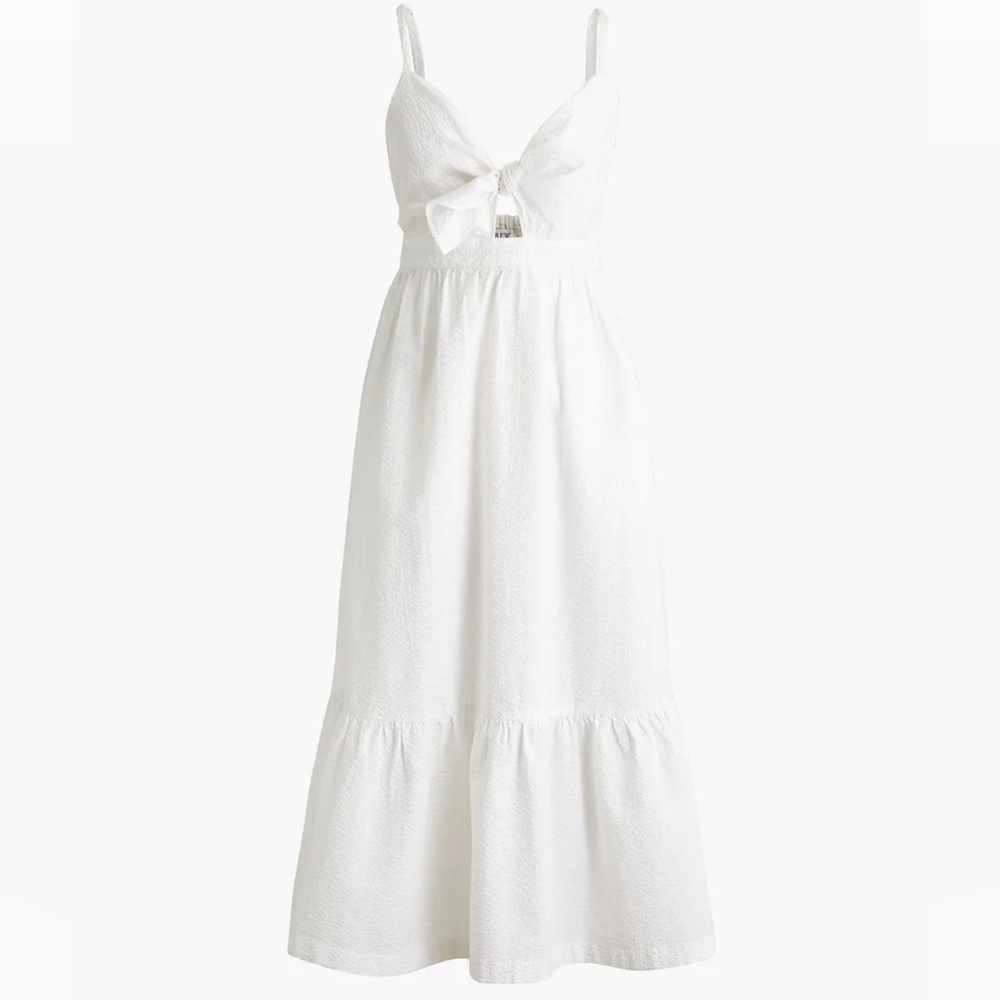 LIKE NEW J.Crew White Seersucker Honeymoon/Bridal tie-front cutout midi dress - Picture 2 of 8